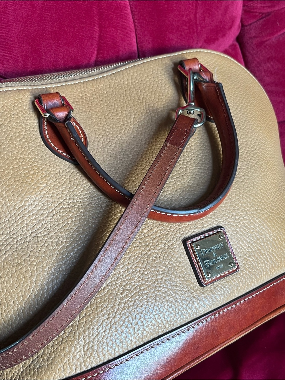Dooney & Bourke Tan Pebble Leather Satchel crossbody with Brown Trim long strap - Picture 6 of 16